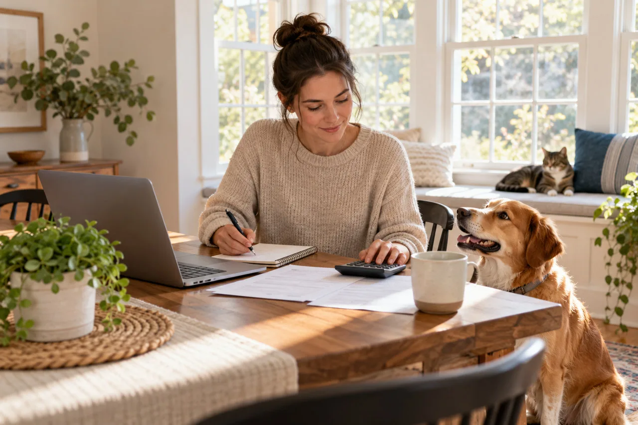 Owner reviewing papers and a laptop with a dog nearby